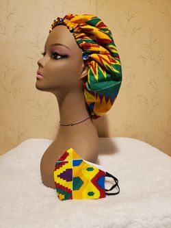 African print hair bonnets with satin lined and face masks set