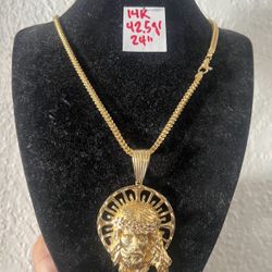 14K Solid Gold Franco Chain and Pendant For Wedding 42.5Gr 24 Inches Long 
