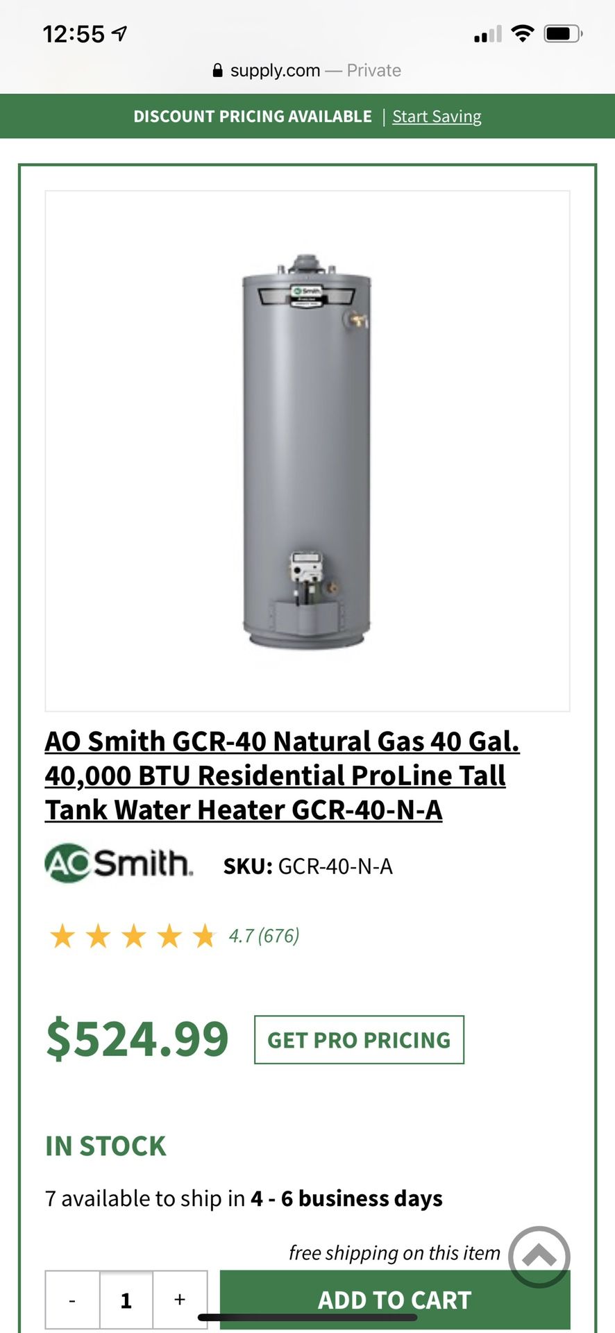 AO Smith 40 Gal Gas water heater Brand New In BOX