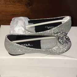 Girls Glitter Silver Flats with Bows