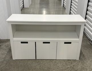 WHITE WOODEN STORAGE CABINET WITH 3 ROLLING STORAGE BOXES IN NEW CONDITION DELIVERY AVAILABLE