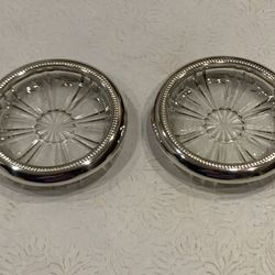 A pair of Vintage MCM Italian Silver Plated Crystal Coasters or Trinkets with Silver Rim