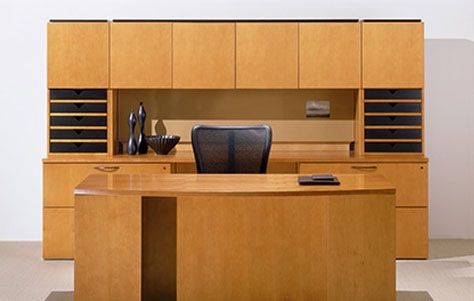 Executive Office Desk - Global Priority Design with arch front, credenza, modesty bridge panel, high back organizer hutch