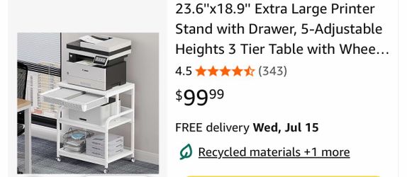 23.6''x18.9'' Extra Large Printer Stand with Drawer, 5-Adjustable Heights 3 Tier Table with Wheels, Rolling Printer Cart with Storage for Printer Scan
