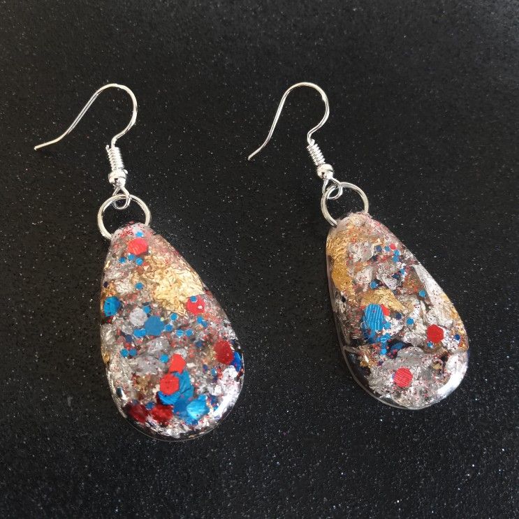 Glittery holiday teardrop dangle earrings with hypoallergenic hooks new blue red