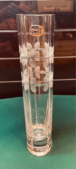 Vintage heavy Bohemian Crystal cylinder vase with frosted etched florals
