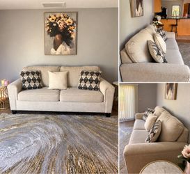 Ashley Beige Fabric 3-Seater Sofa with Throw Pillows