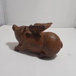 Cast Iron Pig With Wings " When Pigs Fly" Coin Bank Vintage (ZZ)