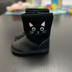 Black Faux suede toddler bootie with pink cat accent Sz 7d