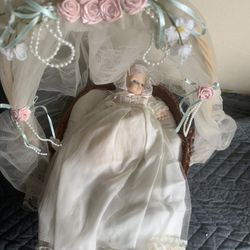Beautiful Porcelain Doll In Wicker Basket 