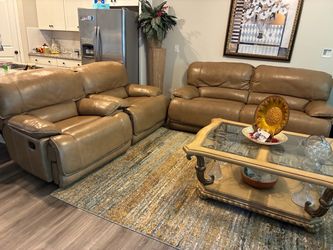 Tan Leather Reclining Sofa and Loveseat Set