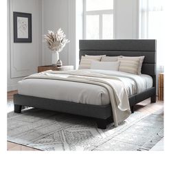Queen Size Platform Bed Frame with Fabric Upholstered Headboard, No Box Spring Needed, Dark Grey