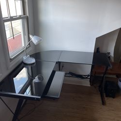 Glass Desk With Metal Frame And Glass Keyboard Tray On Ball Bearing Slides