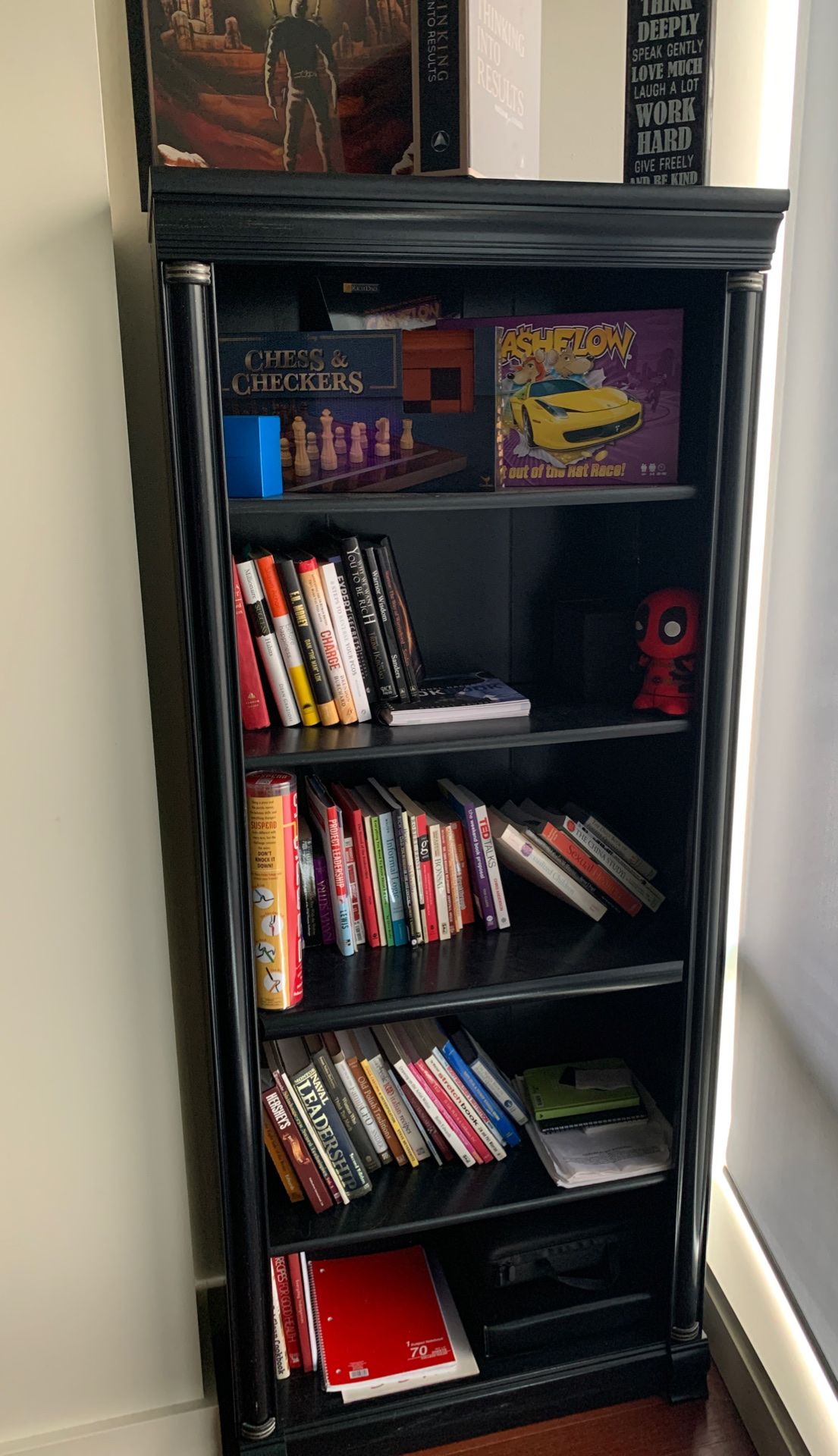 5 Shelves Book Case- Assembled. Black Distressed color