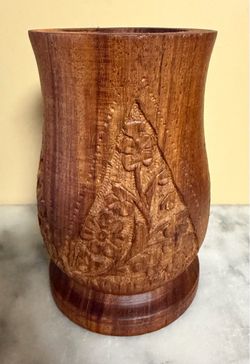 Small Hand-Carved Wooden Vase/Vessel with Floral Design