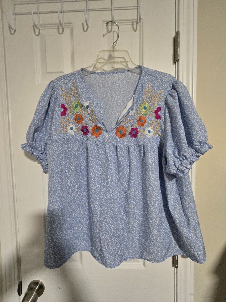 Boho Embroidered Peasant Blouse - Puff Sleeves & Floral Print!