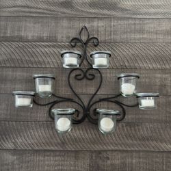 Vintage Farmhouse Wrought Iron Tea light Wall Hanging Candle Sconce  8 Glass Cups with 8 candles  12”x17”  Location new port richey 