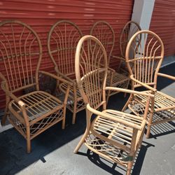 Vintage Rattan Bamboo Dining Room Set 6 Chairs And Large Glass Top Table  Boho Baloon Chairs 