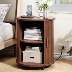 Round Charging Nightstand / Side Table w/ Outlet & USB