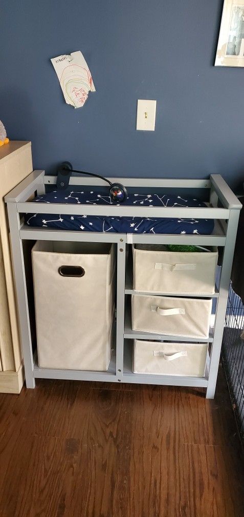 Karl home Modern Baby Changing Table,Dresser Baby Diaper Changing Station with Laundry Hamper,Infant Changing Table with 3 Storage Drawers