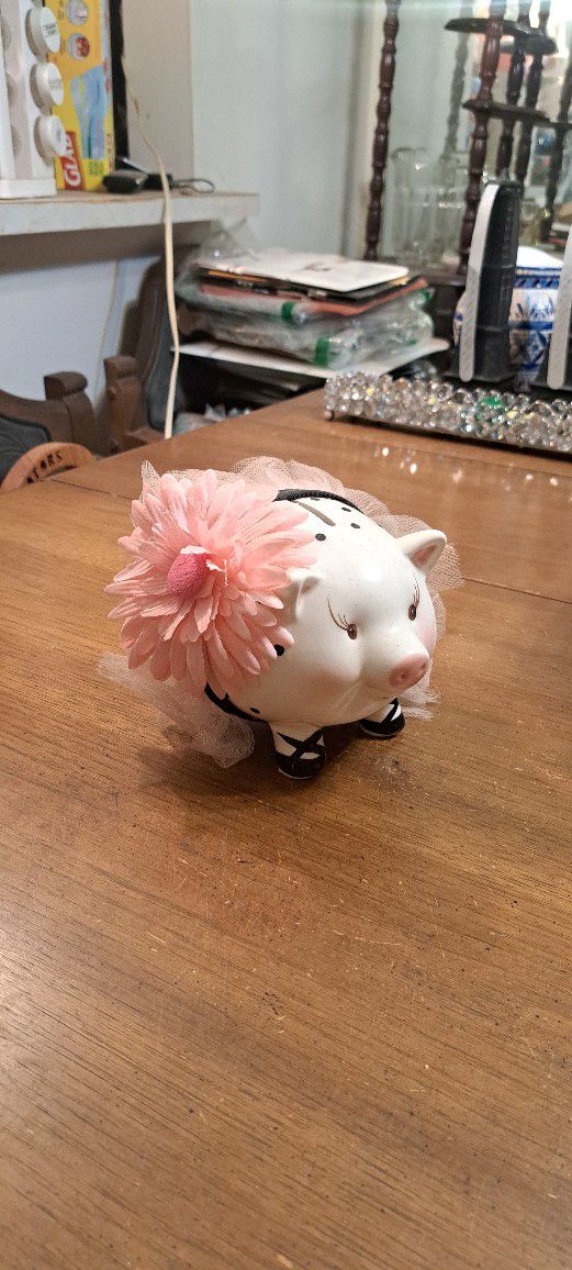 Handcrafted Ballerina Piggy Bank W/Tutu & Flower, Missing Plug On Bottom Otherwise In Excellent Condition 5"H X 6"L X 5"W