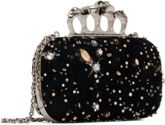 Alexander McQueen Black Suede Four Ring Knuckle Skull Box Clutch Silver Chain Space Star Celestial Shoulder Bag Gothic