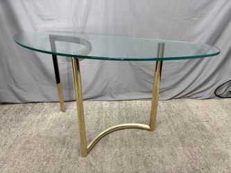 Modern Brass Offset Curved Base Glass Top Demilune Console Table