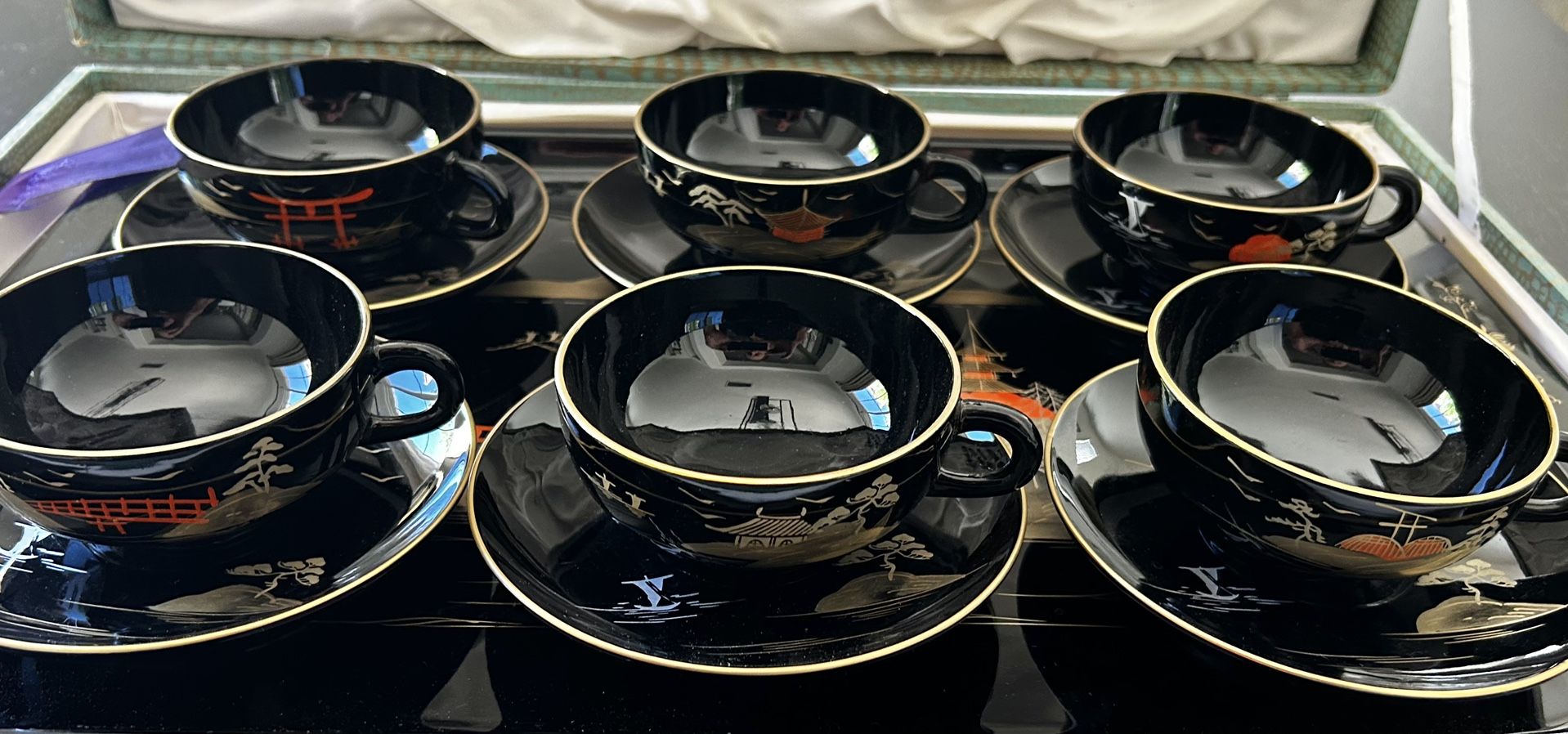 Oriental collection of Black Lacquer Bowls, Cups & Saucers + Spoons