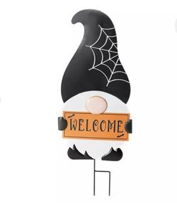 "Welcome" Black & Orange Spiderweb Gnome Yard Stake