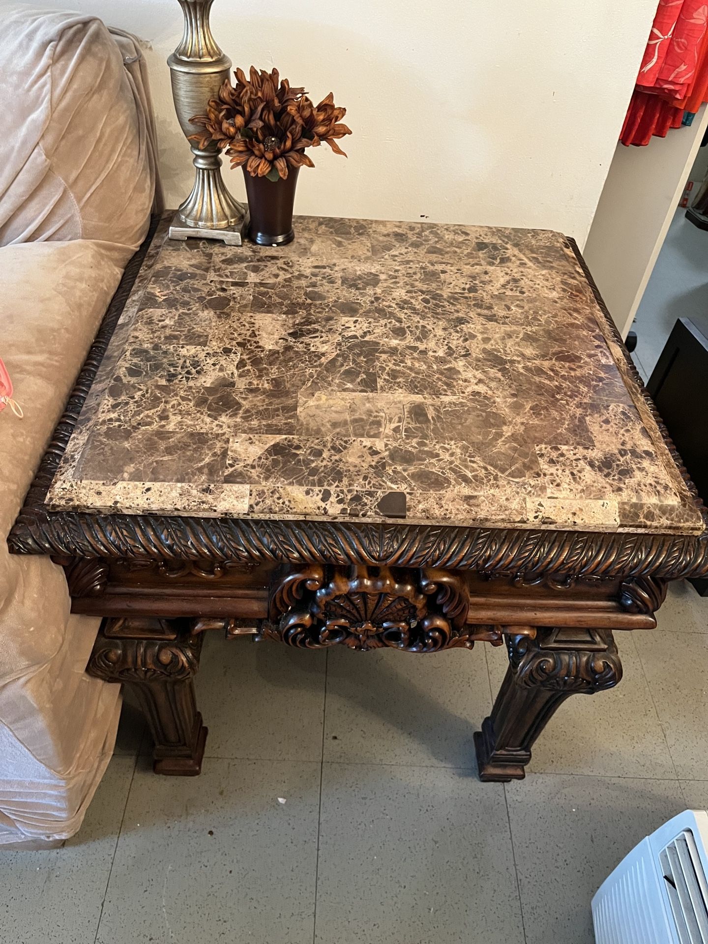 2 Marble Top Solid Wood End Tables
