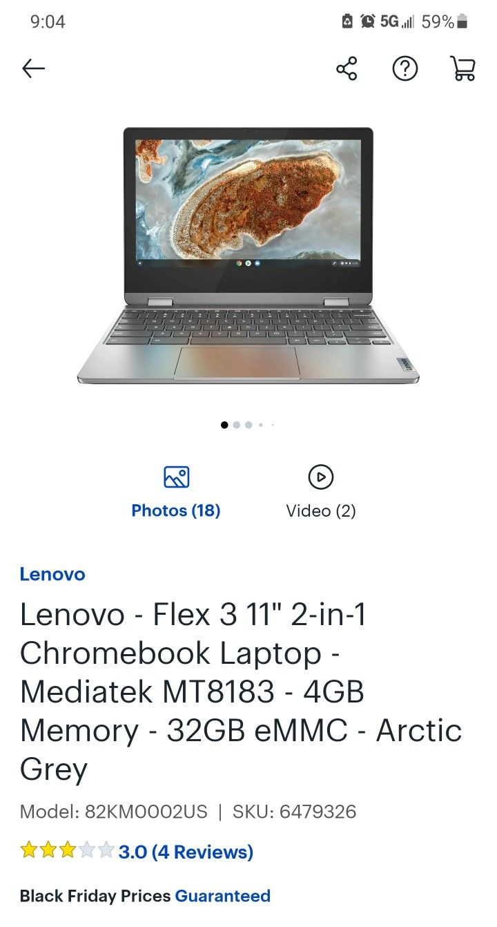 Lenovo Flex 3 MT8183 2.0GHz 32GB EMMC 11.6" Chrome , RETAILS FOR $375