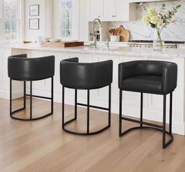 Set Of 3 LUE BONA Counter Height Bar Stools Set of 3, Modern Barrel Counter Stools with Backrest and Arms, Black Metal Frames, Faux Leather Upholstere