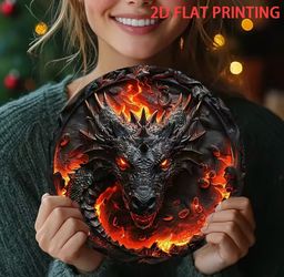 2D Flat, 1pc Fire Breathing Dragon 3D Wall Art - Round Wrought Iron Decorative Sign with Vibrant Orange & Black Design, Perfect