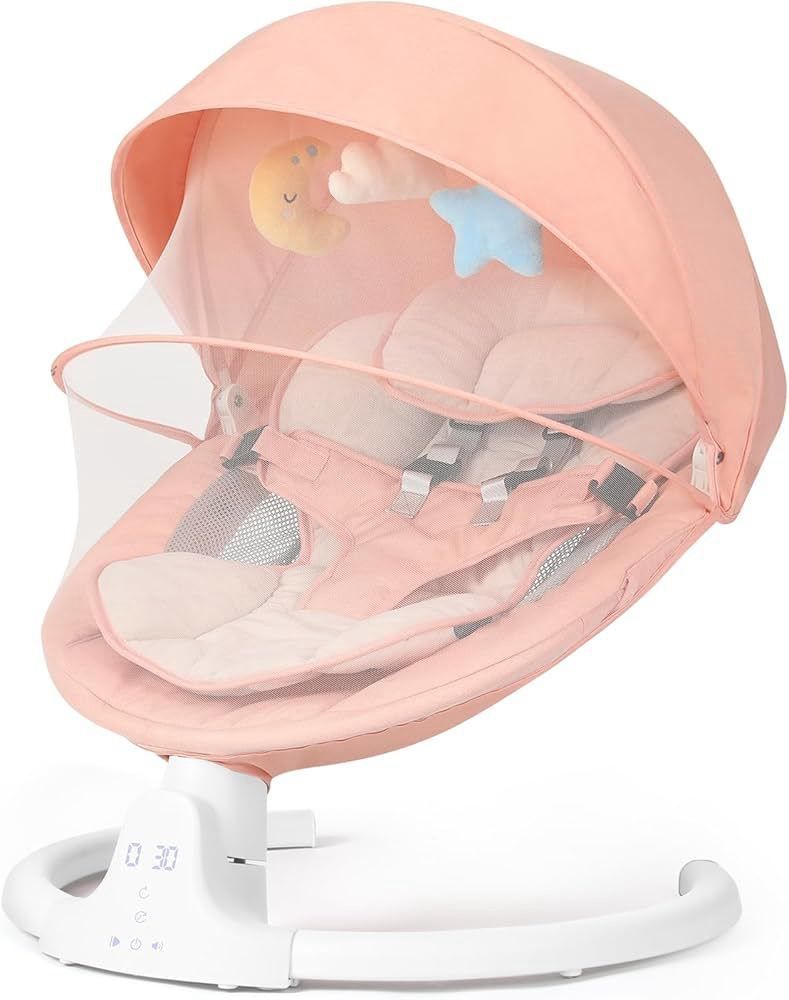 Baby Swings for Infants, Bluetooth Infant Swing with Music Speaker, 3 Seat Positions, 5 Point Harness Belt, 5 Speeds and Remote Control - Portable Bab