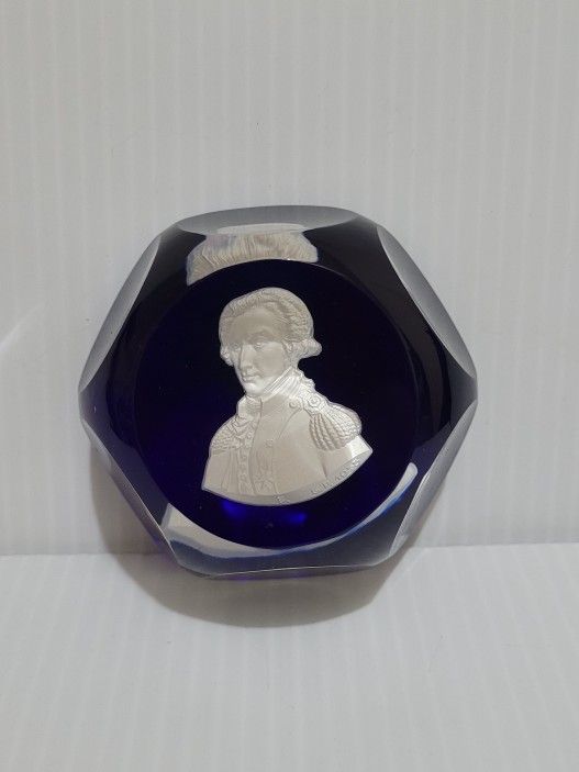 Baccarat GP 1955 Sulphide Cobalt Blue Paperweight of Marquis de Lafayette.