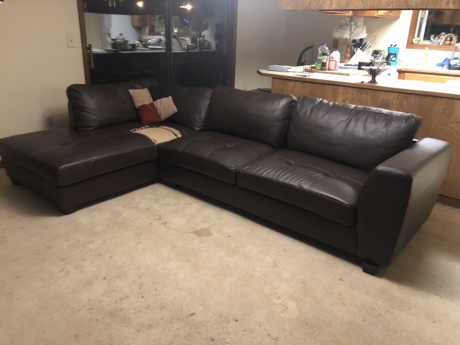 Gorgeous Italian designer Pellissima genuine dark brown fine leather sectional couch-like new except for a 1 sq ft hole in the lounge seat-needs patch