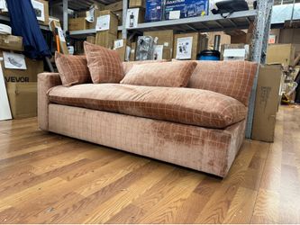 Joss & Main Remy 72'' Upholstered Sofa features a salmon-colored chenille fabric and plush down-blend cushions