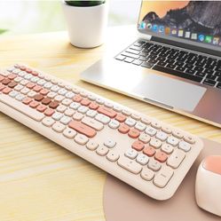 Wireless Keyboard and Mouse Combo, Colorful Ergonomic Full Size Retro Low-Noise Keyboard with Cute keycaps, Compatible with Windows, PC, Perfer for Ho