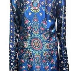 Johnny Was Blue 100% Silk Long Sleeve Floral Dress Size Small
