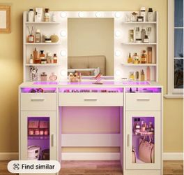 Modern LED Vanity Desk with Mirror, RGB Lighted Drawers & Glass Top, Makeup Table with Power Outlet, Storage Shelves & Cabinets for Bedroom, White