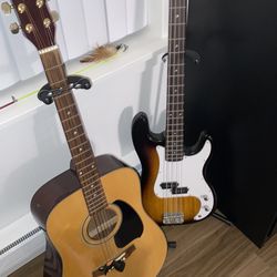 Irin bass guitar &  Ibanez acoustic performance guitar with stands
