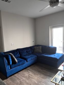 Blue Velvet Sectional Sofa with Chaise