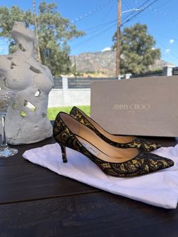 Jimmy Choo Black & Gold Lace Pumps | Size 38 | 60 mm Heel