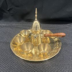 Antique Brass Iskandar Matar Turkish Coffee Set – Handcrafted Ottoman-Style Coffee Pot & Six Cups on Tray – Mid-Century Beirut Brassware 
