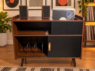 Mid-Century Record Player Stand + 2 Speakers + Vinyl Storage