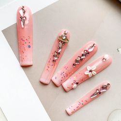 Handmade Pink Press-on Nails with Rhinestones, Glitter Sequins and Small Flower Decorations