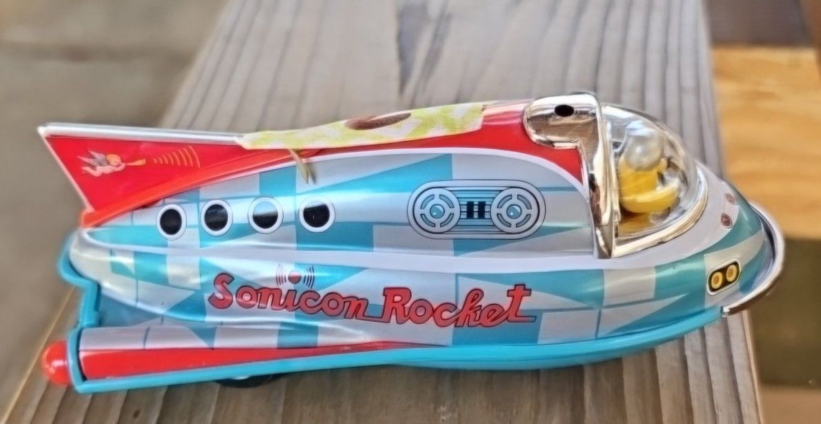 MINI SONICON ROCKET TIN LITHO REPRO PULL BACK ACTION TOY - 1997 JAPAN - MASUDAYA