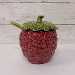 Vintage Raspberry  Jam Jar Green Lid With Spoon