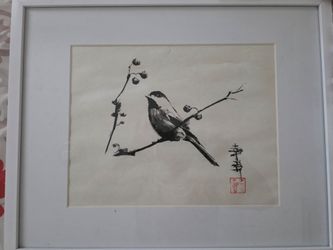 Original Japanese Sumi-e Style Chickadee Ink Painting
