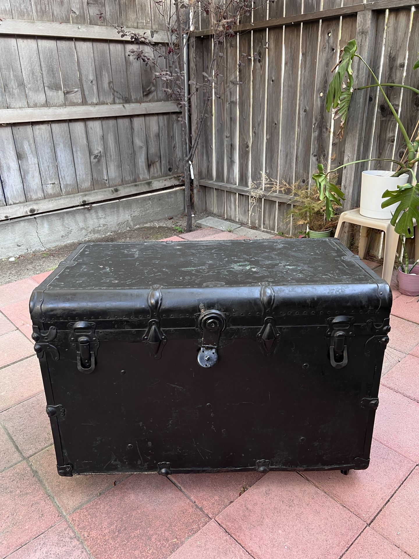 Antique Black Painted Steamer Trunk w/ Wheels